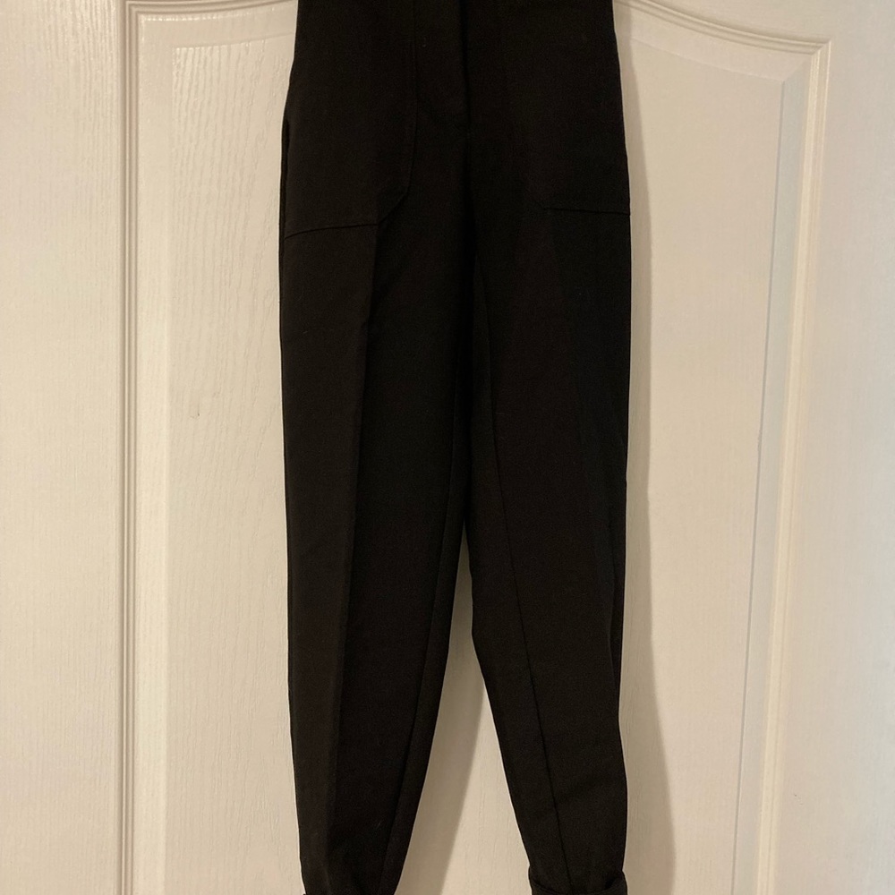 Bershka straight leg black pant Button & belt waist Snaps @ bottom of pant legs
